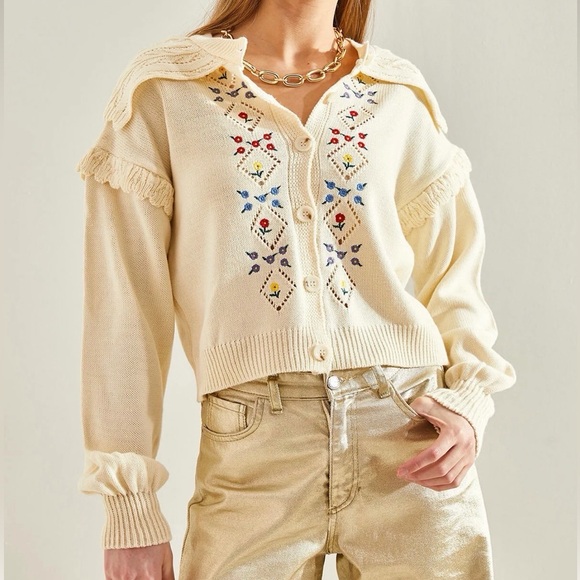 Zara Sweaters - Rosie Posie embroidered Cream Sweater Zara look alike